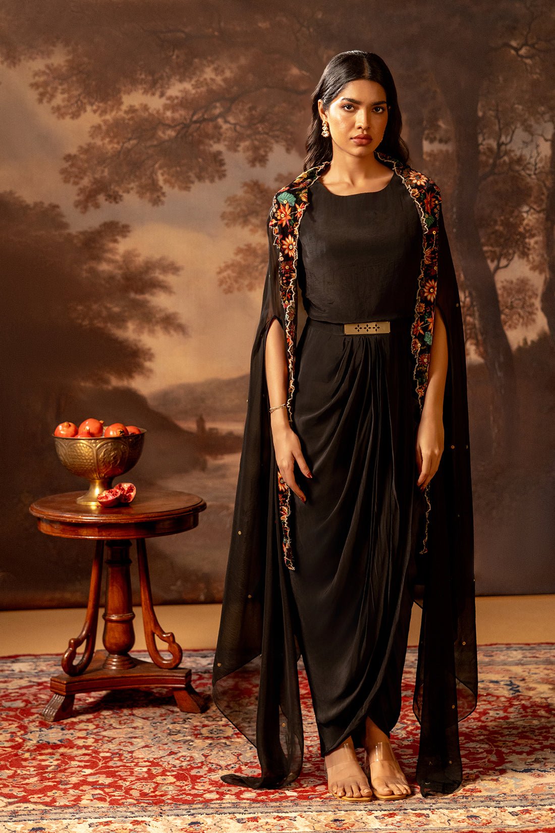 Black Dress With Cape Set