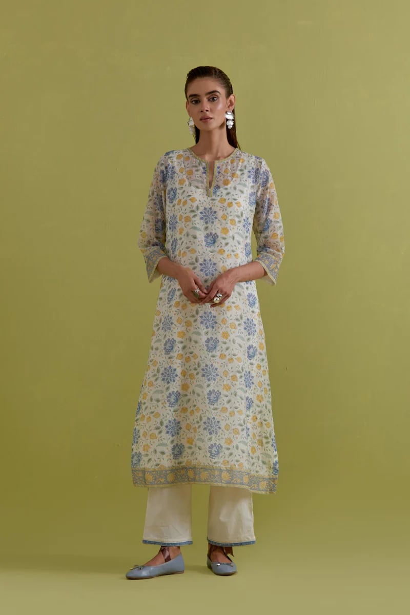Off White Hand Block Printed Straight Kurta