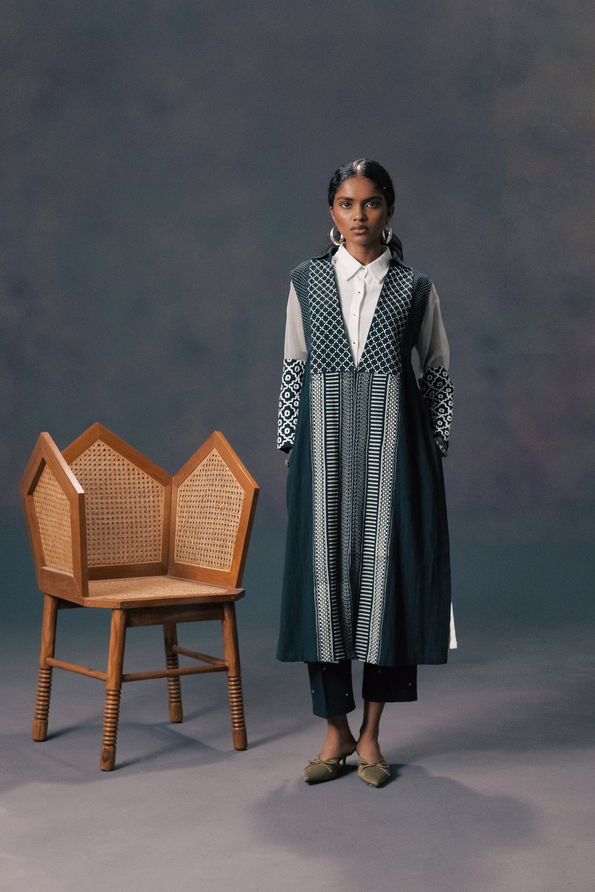 Jacket In Slub Cotton With Tunic & Pant