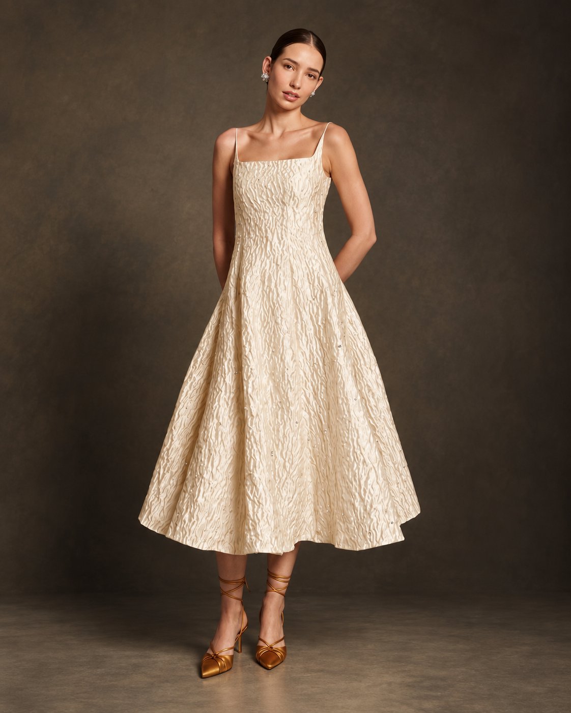 Butter Yellow Jacquard Embellished Fit and Flare Midi Dress