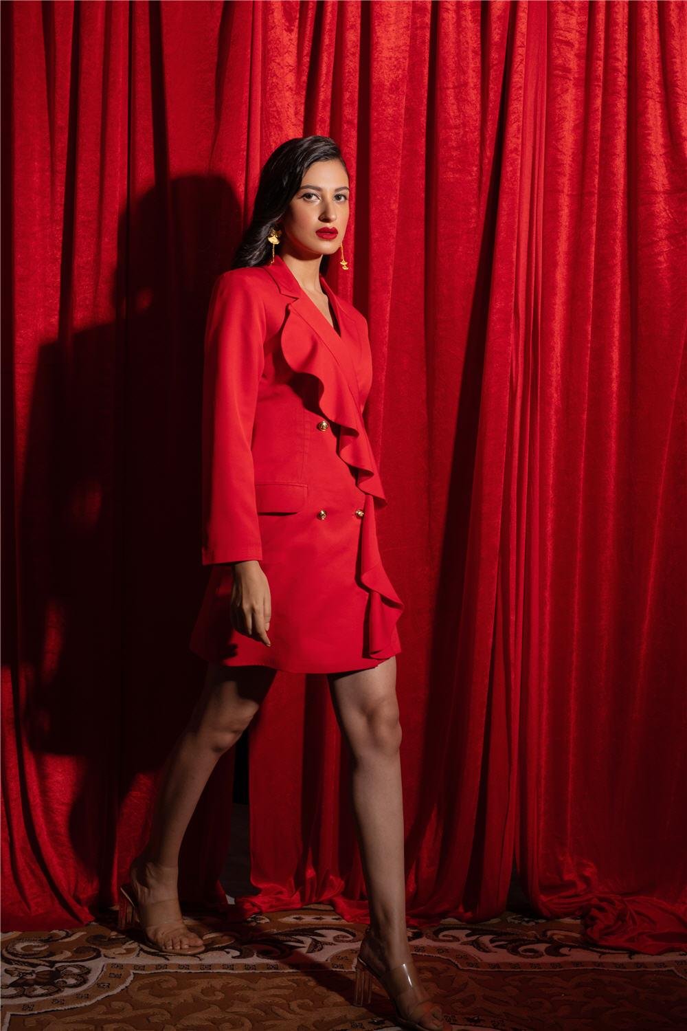 Red Ruffle Lapel Mini Blazer Dress with Gold Buttons