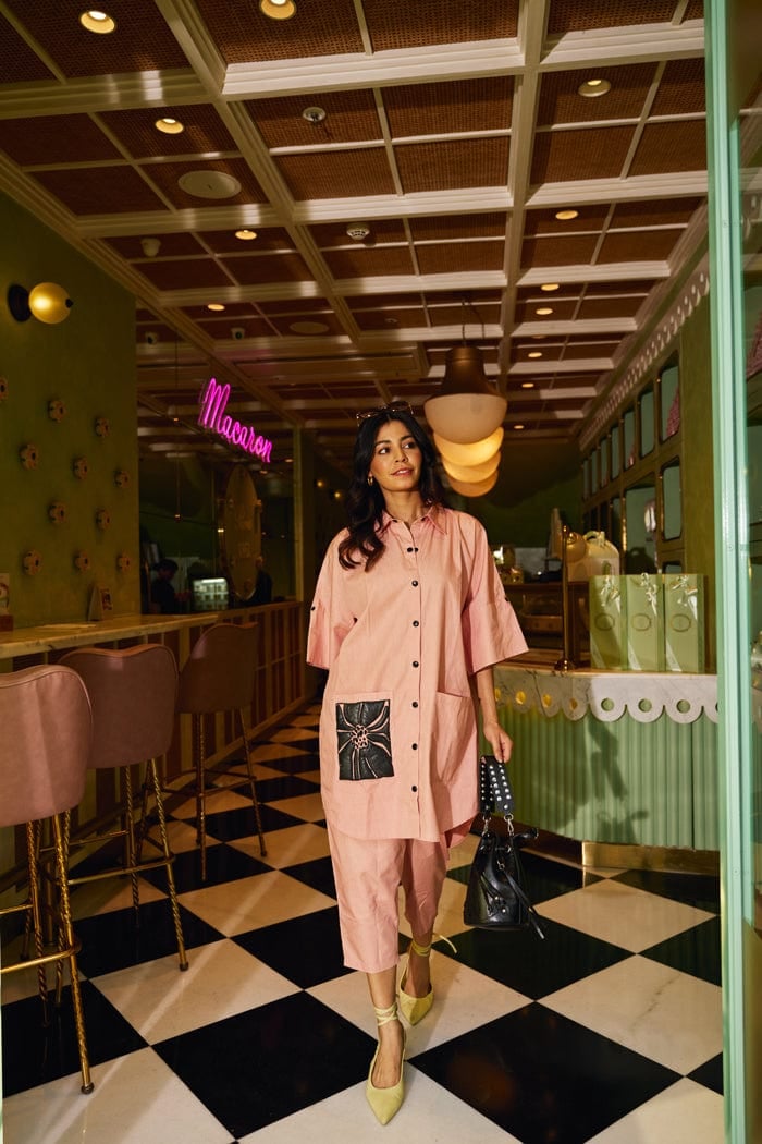 Peach Cotton Poplin Oversized Shirt and Pants Co-ord Set