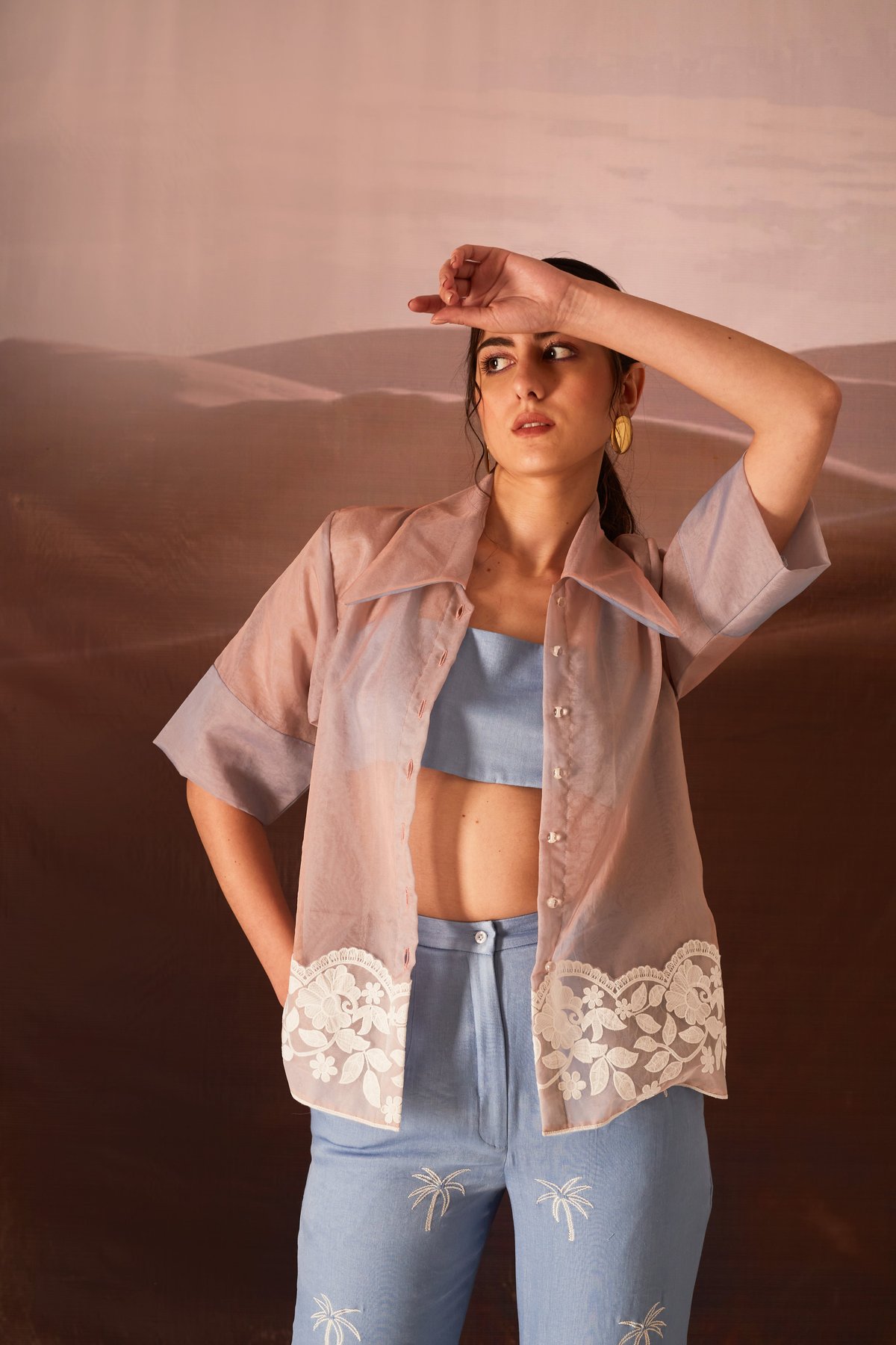 Blue and Peach Organza Shirt with Bustier Co-ord Set