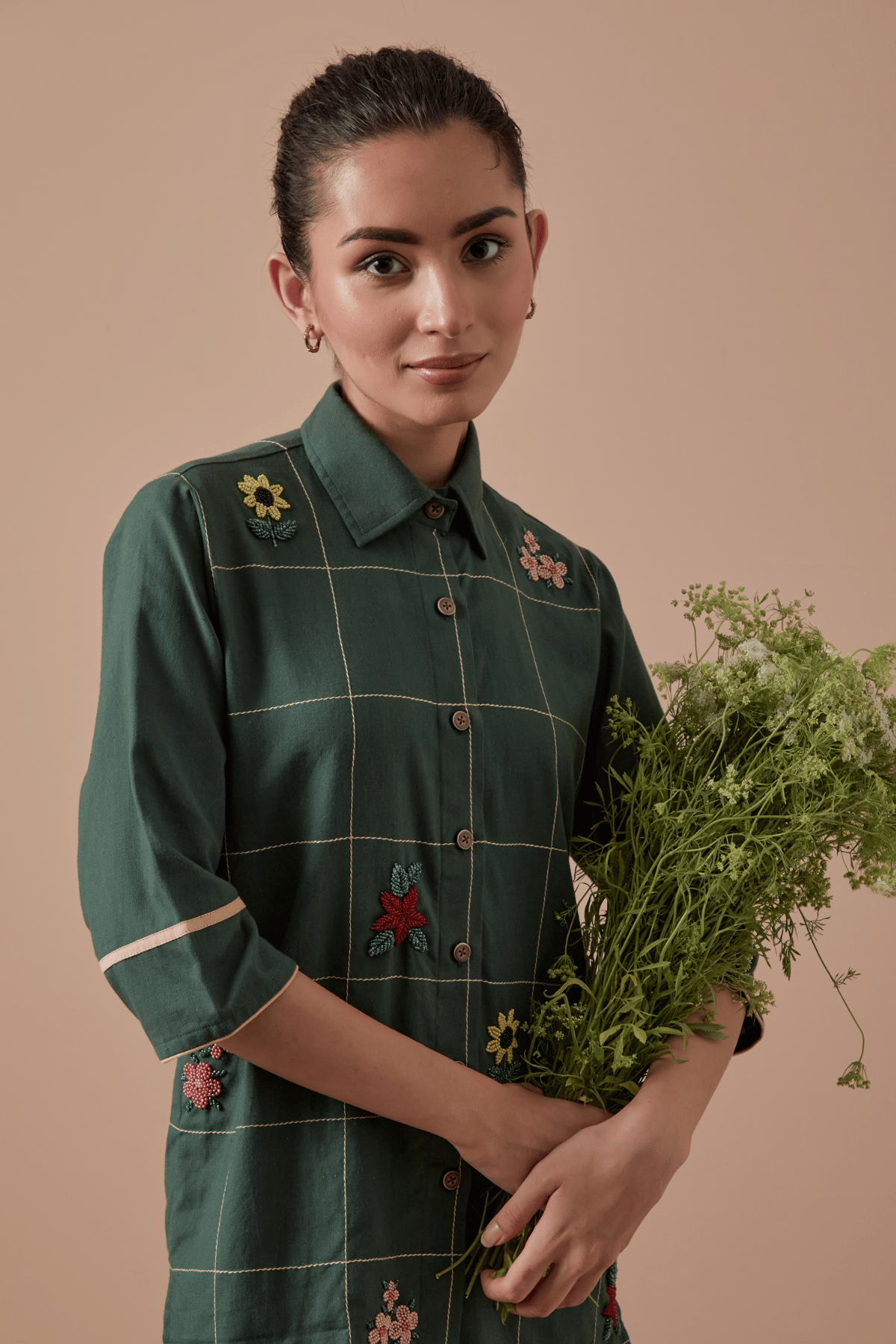 Forest Green Organic Cotton Embellished Grid Shirt