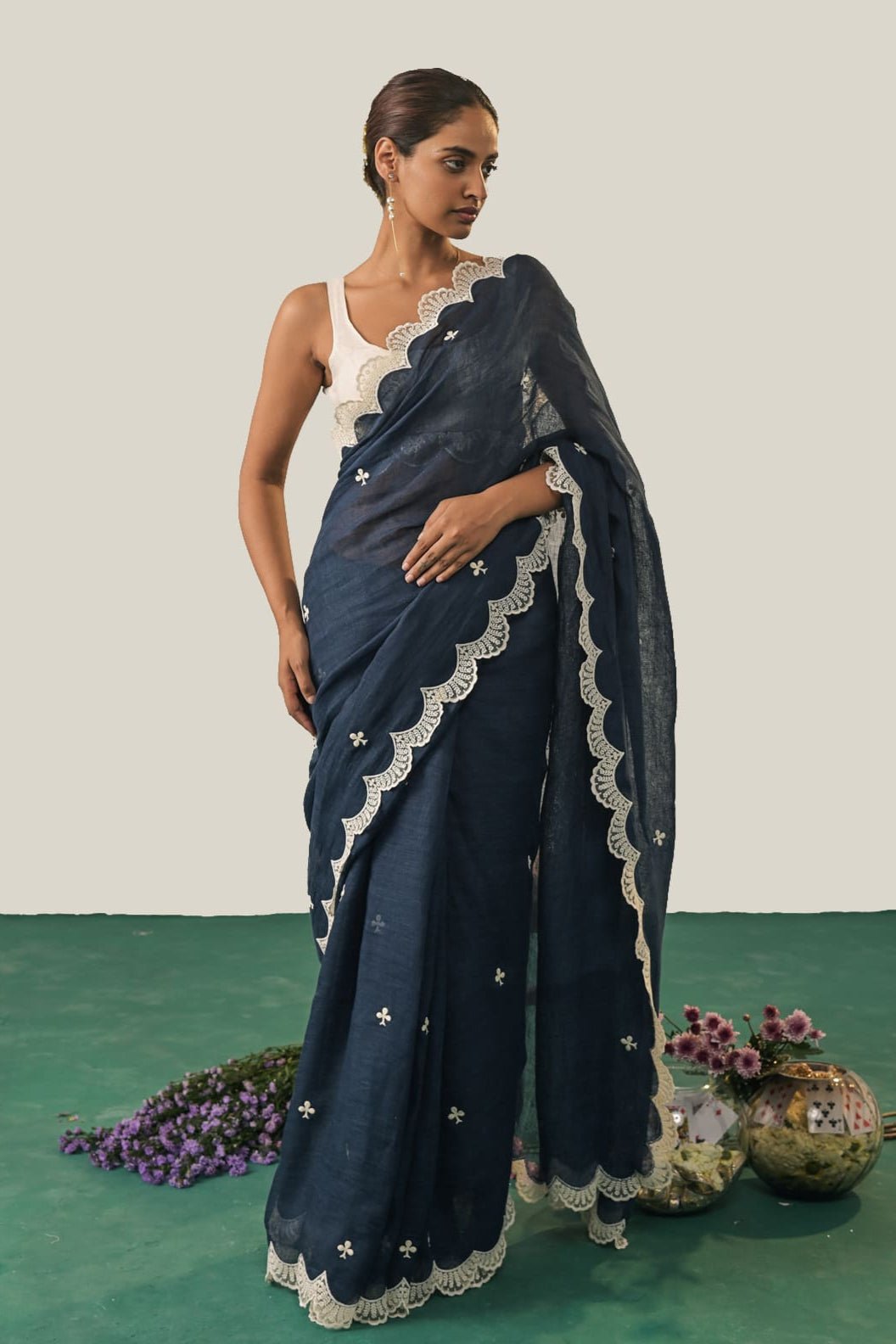 Navy Blue Gauze Linen Saree with Scalloped Lace Border