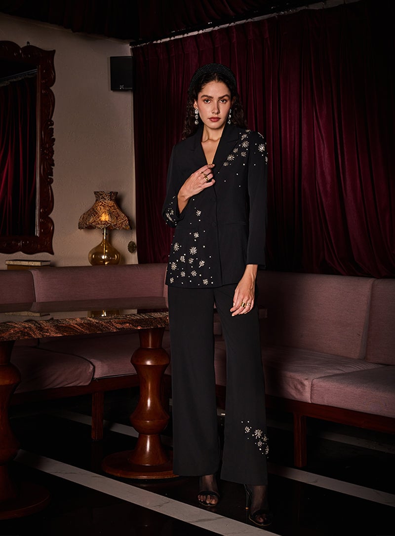 Black Crystal-Embellished Blazer and Pants Co-ord Set