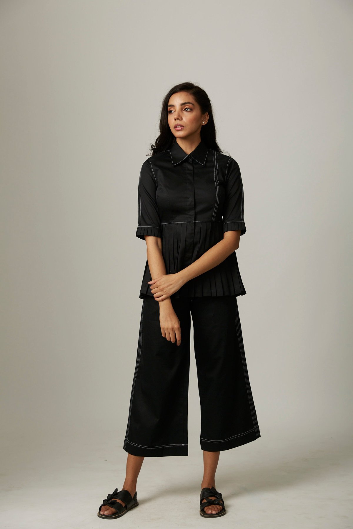 Black Cotton Satin Peplum Co-ord Set with Wide-Leg Pants