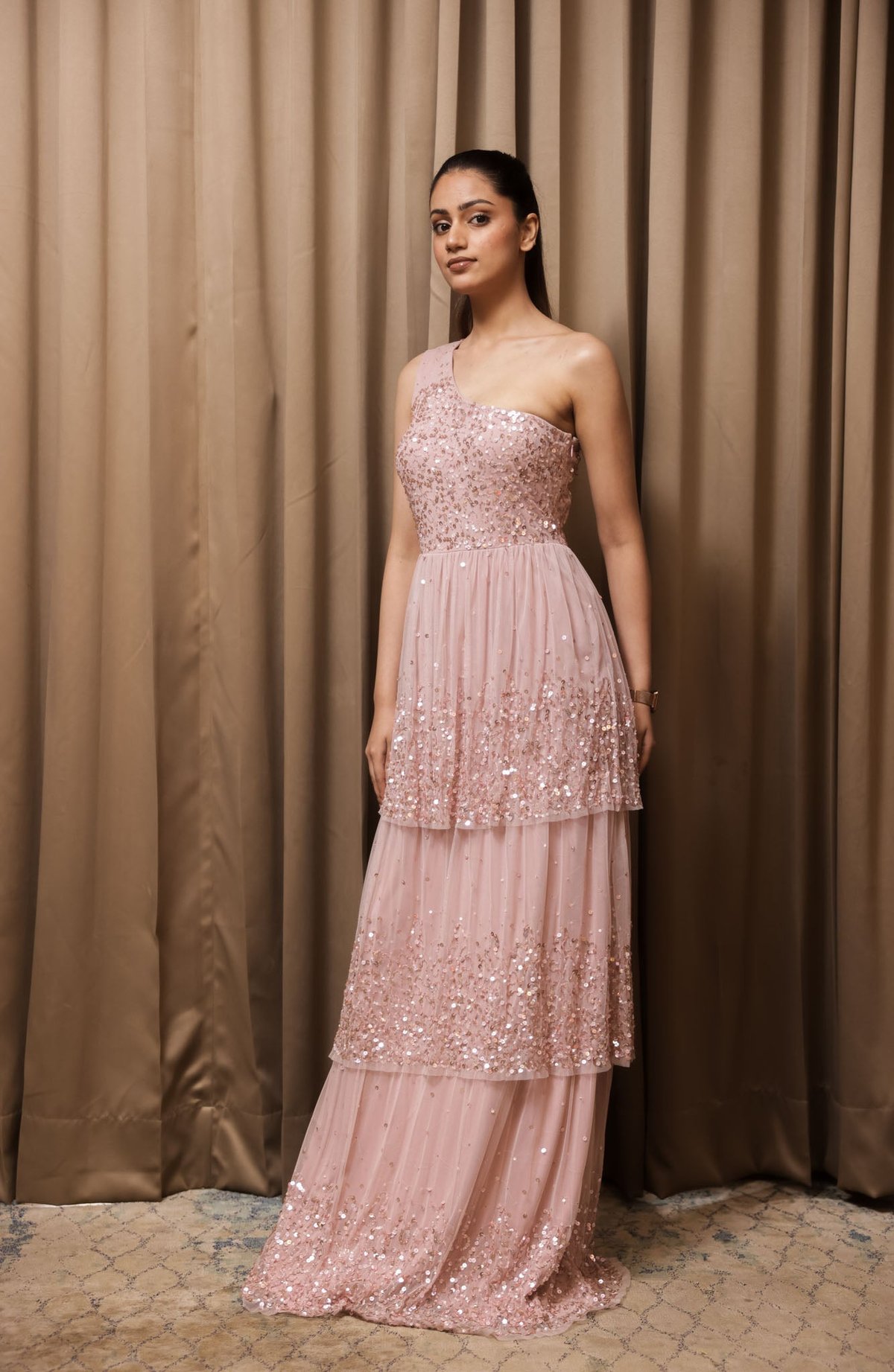 One Shoulder Blush Tiered Dress