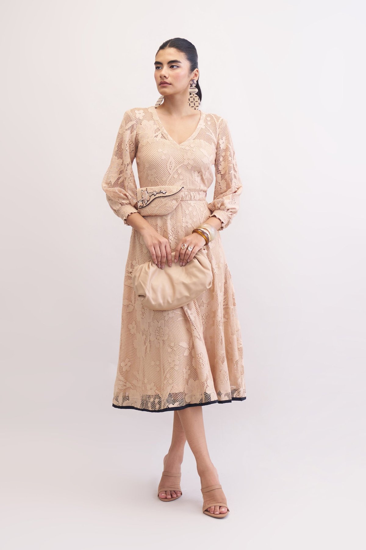Khaki Lace Fit and Flare Midi Dress with V-Neck