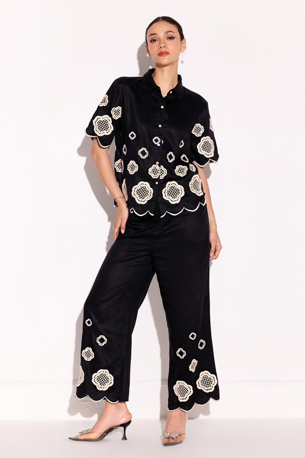 Black Embroidered Shirt and Wide-Leg Pants Co-ord Set
