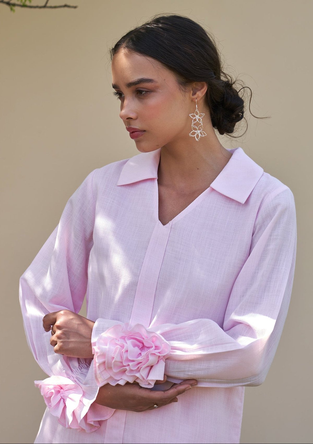 Baby Pink Collared V-Neck Tunic Top with 3D Flower Cuffs