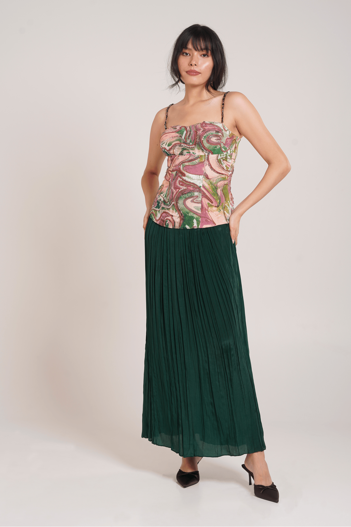 Multicolor Printed Lace-Up Embellished Corset Top
