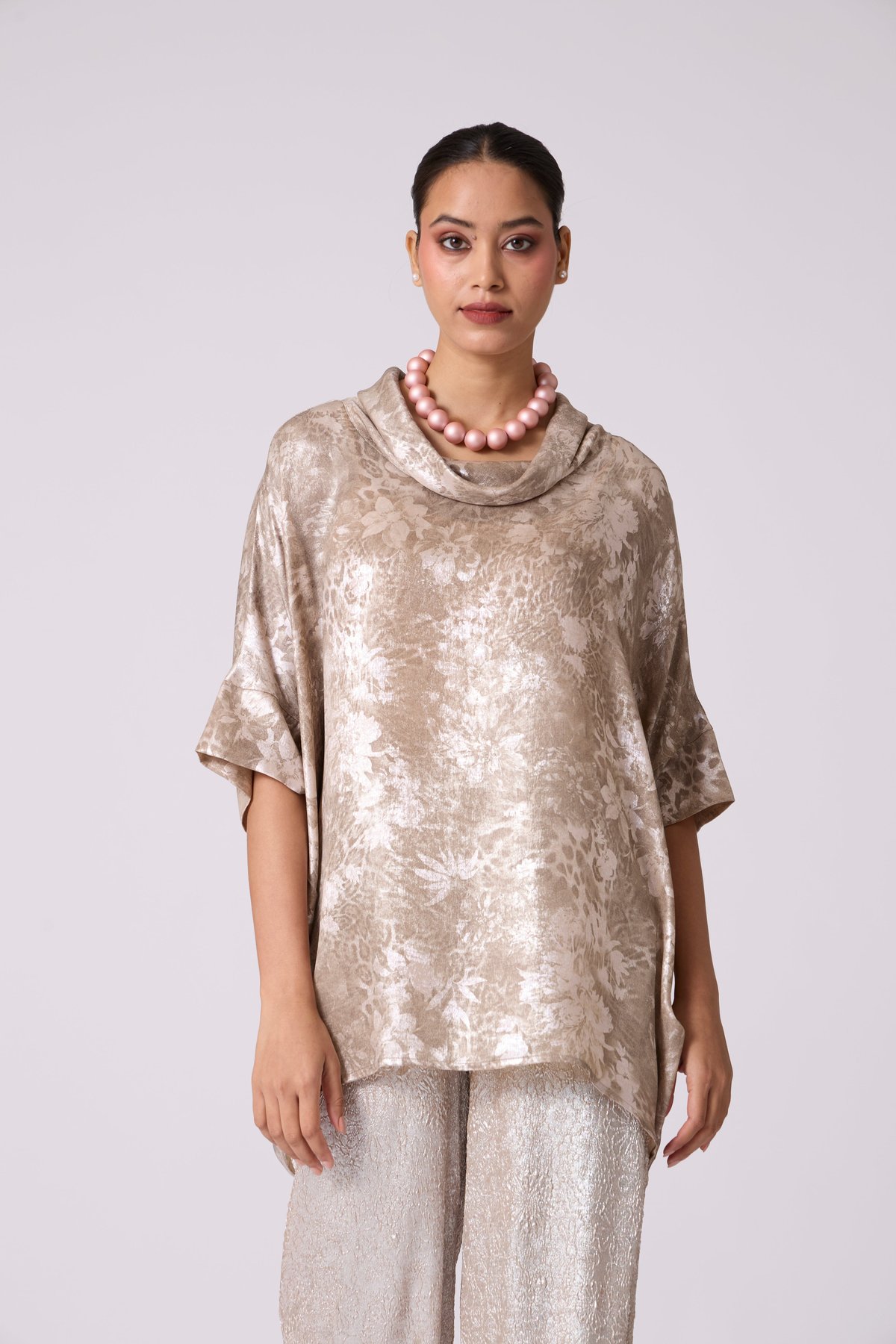 Sand Silver Satin Cowl Neck Dolman Sleeve Top