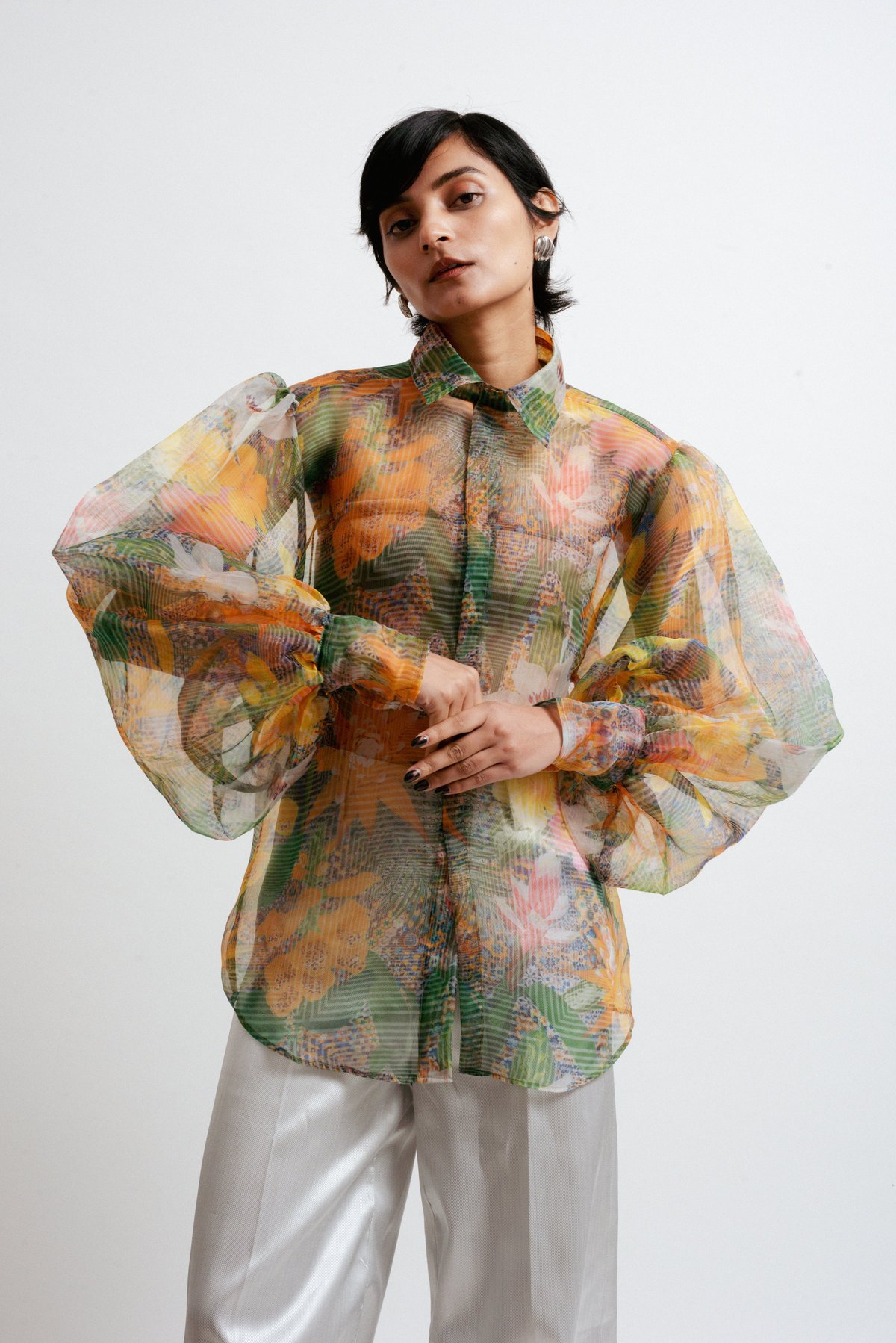 Sheer Organza Abstract Print Balloon Sleeve Shirt