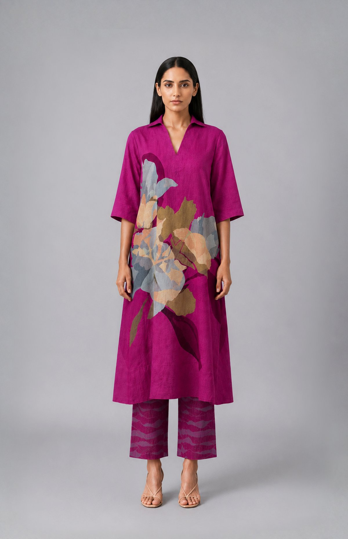 Magenta Floral Printed Straight Kurta Set with Pants