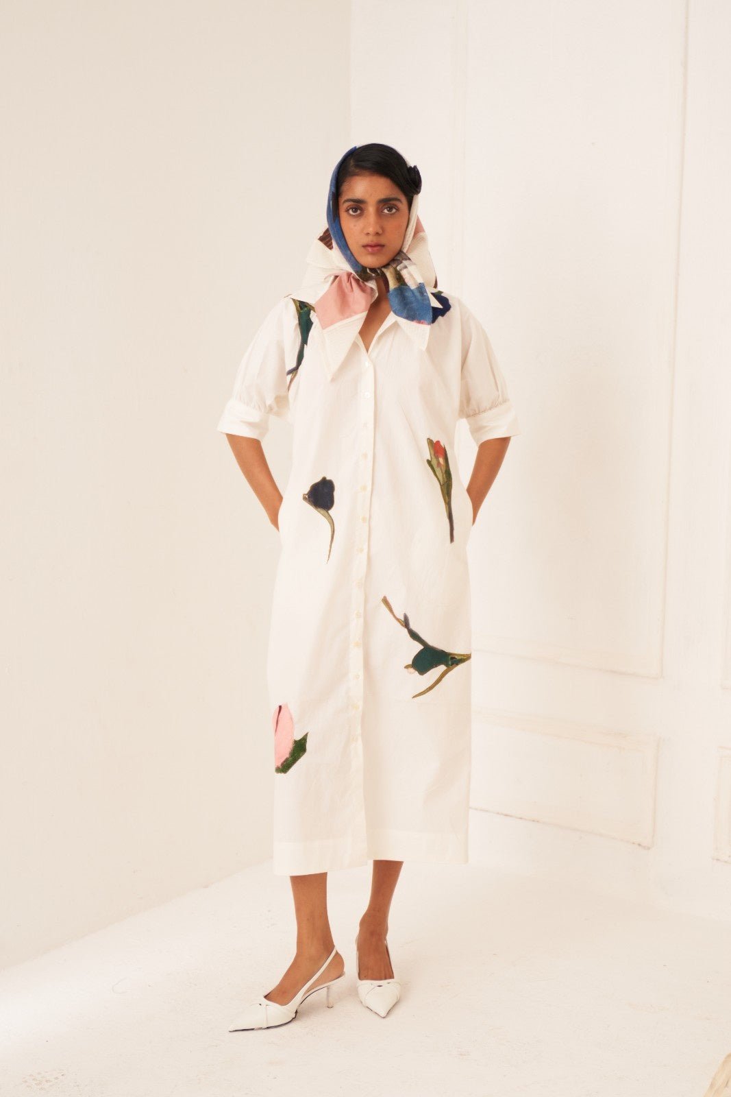 Ivory Cotton Button-Front Midi Shirt Dress