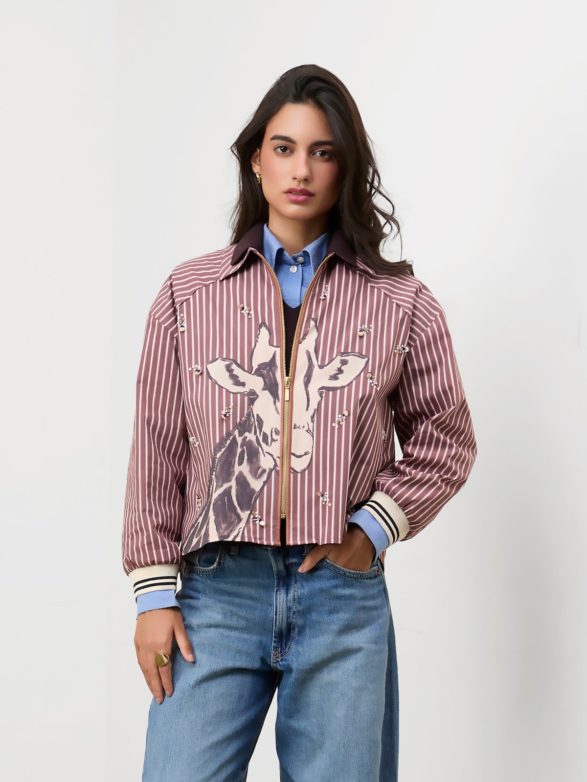 Brown Striped Oversized Zip-Front Shacket