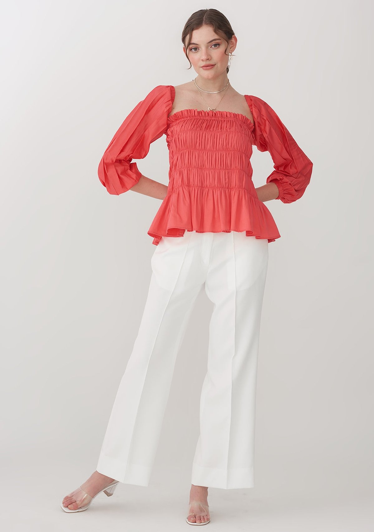 Red Smocked Peplum Top with Detachable Puff Sleeves