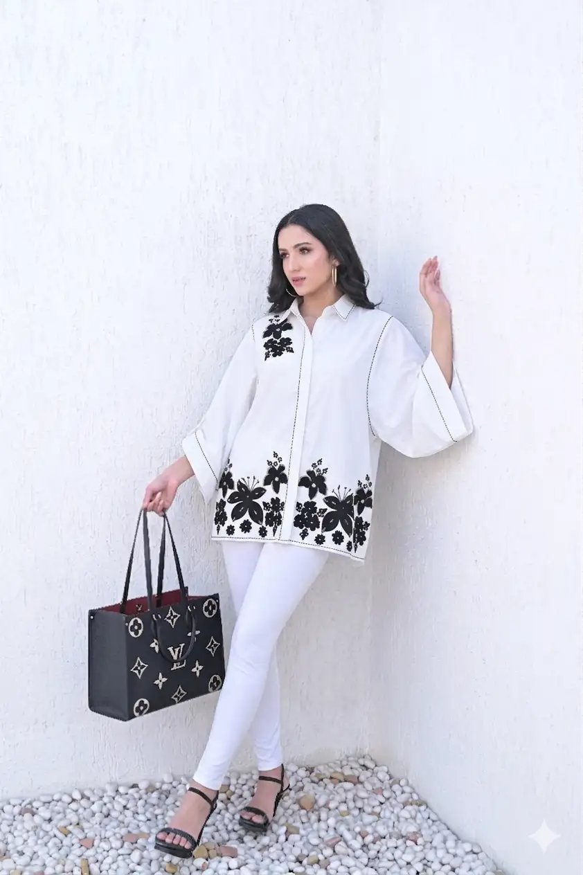 White Oversized Cotton Shirt with Black Floral Print