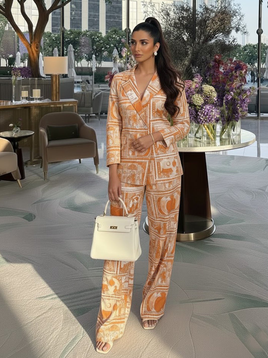 Mustard Printed Jacket and Wide-Leg Pant Co-ord Set