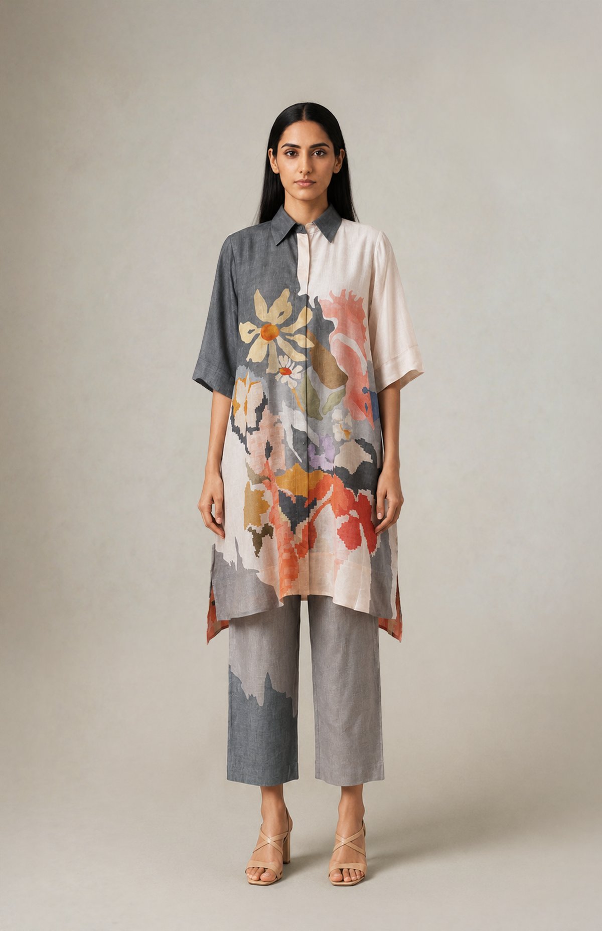 Grey Linen Printed Tunic and Wide-Leg Pants Co-ord Set