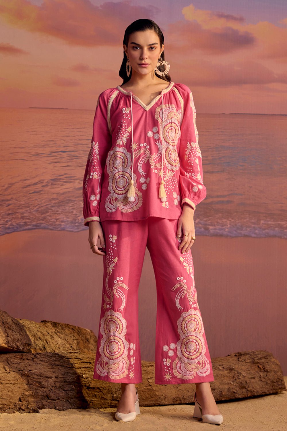 Pink Embroidered Tunic and Wide-Leg Pants Co-ord Set
