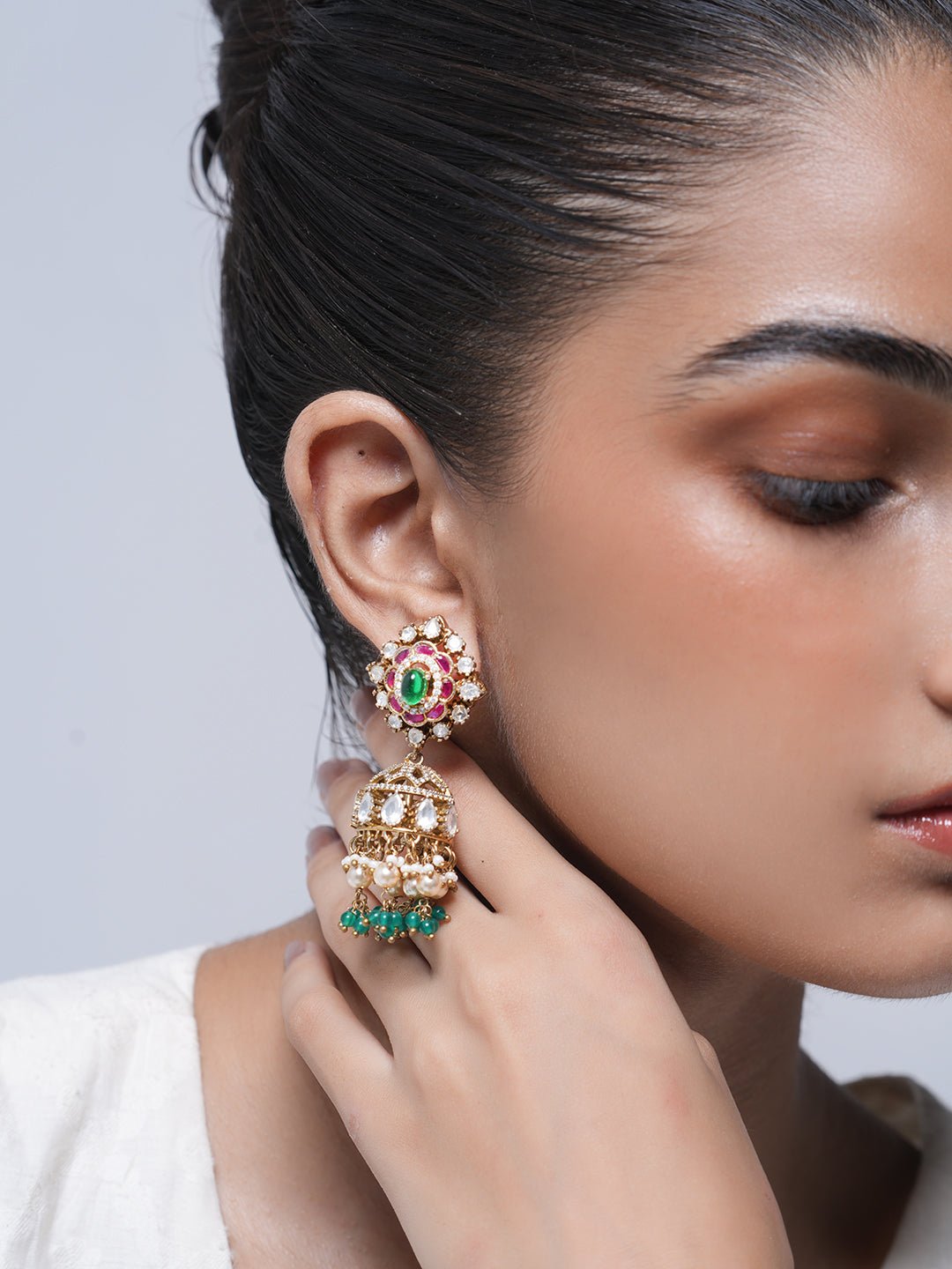 Designer Green Pink Jhumki Earrings