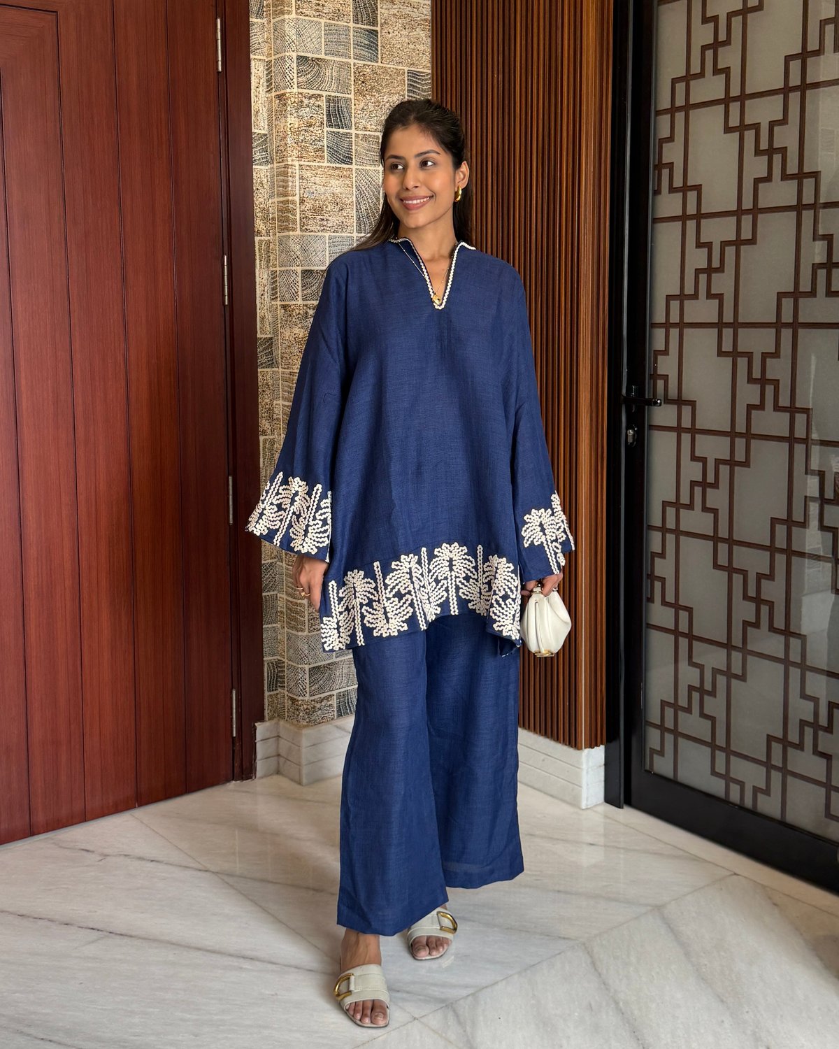 Blue Cotton-Linen Embroidered Tunic and Pants Co-ord Set