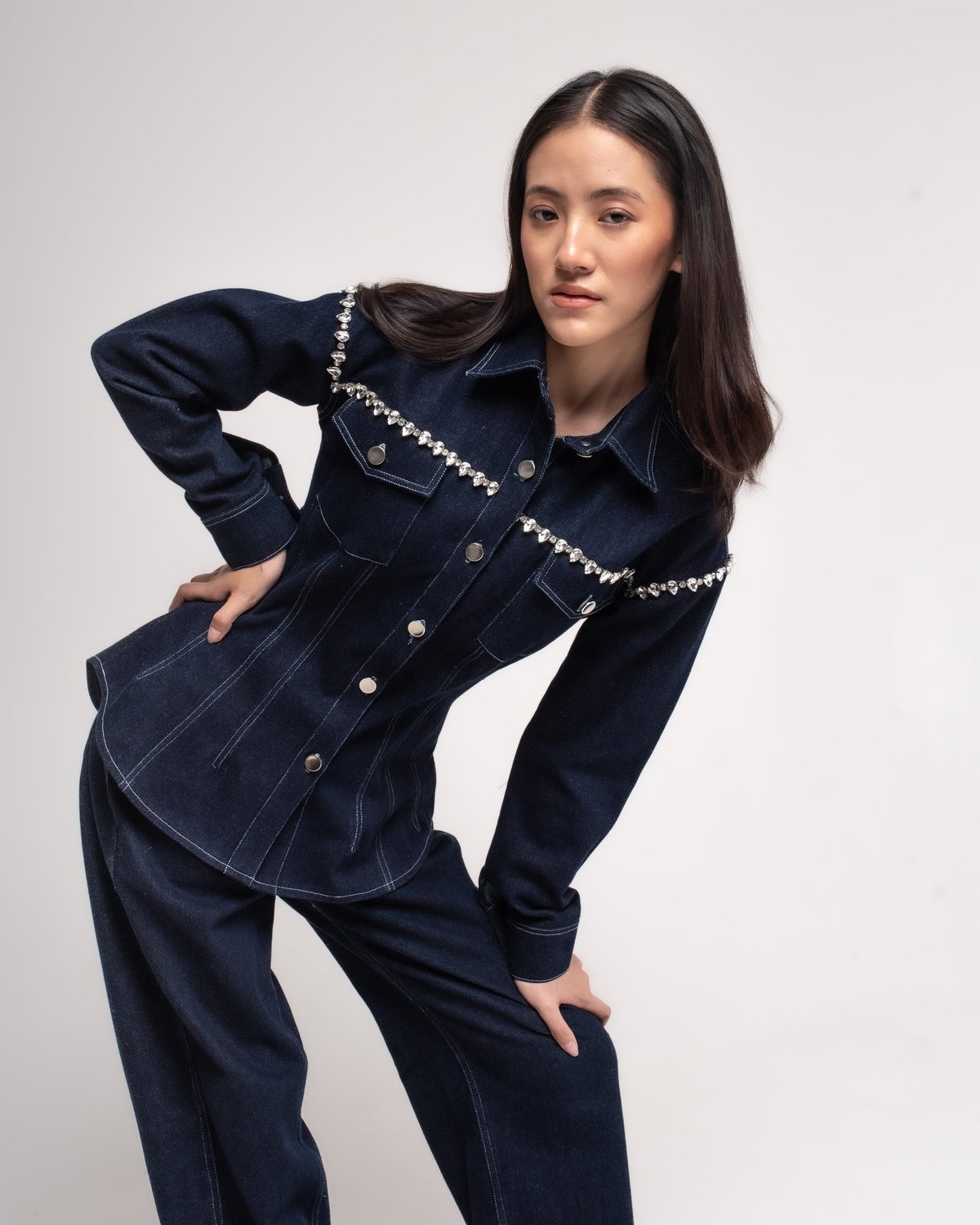 Dark Blue Rhinestone-Embellished Fitted Denim Shirt