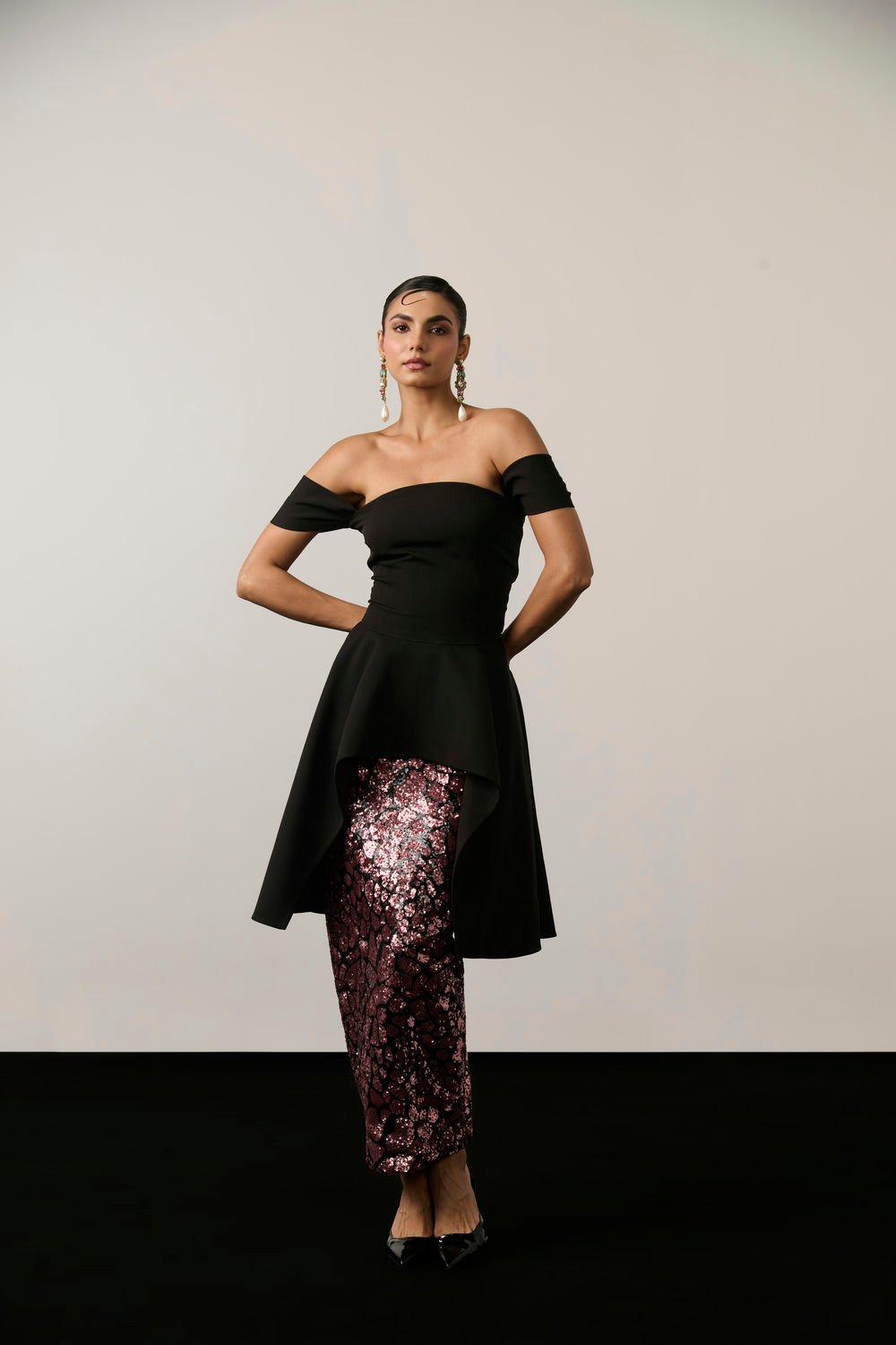 Rust Sequin Mesh Maxi Pencil Skirt with Side Zip