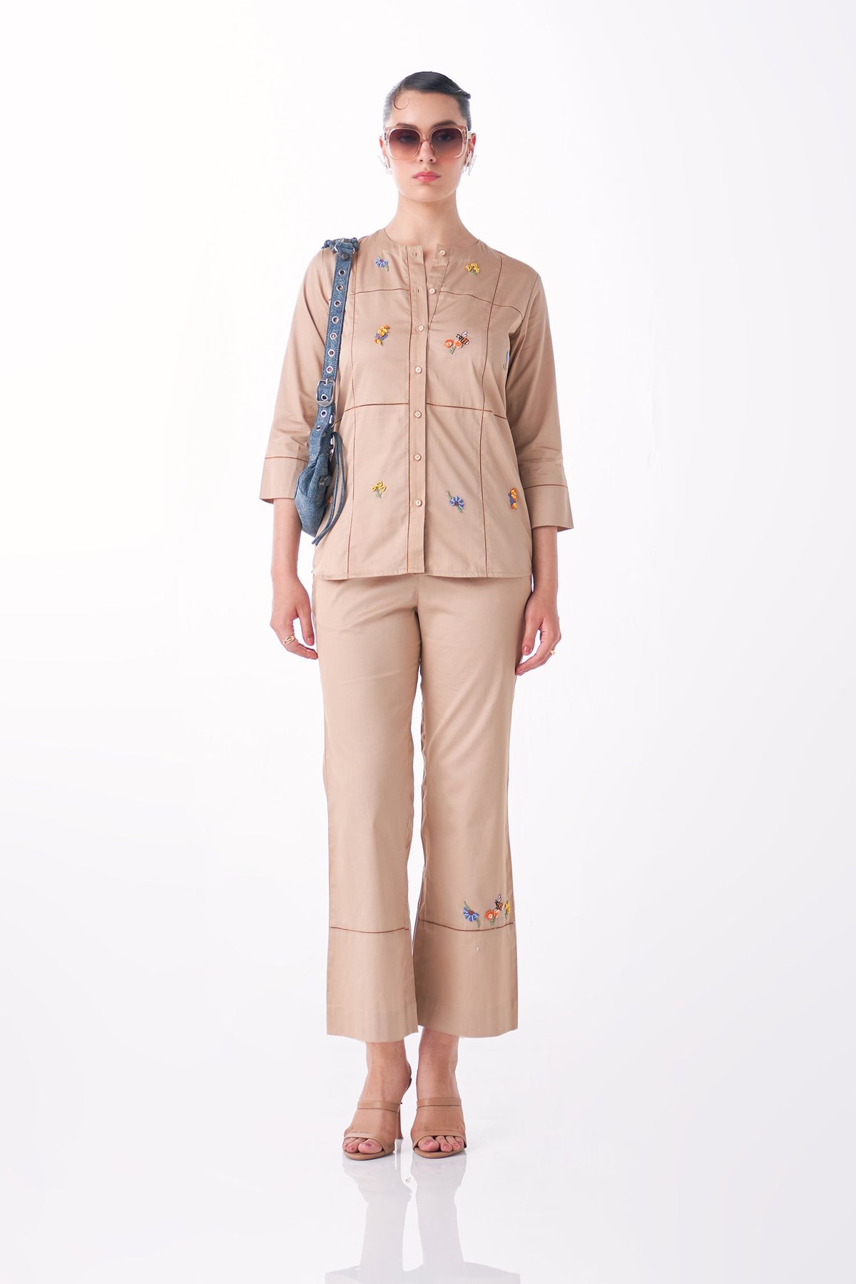 Khakhi Cotton Satin Embroidered Shirt and Pants Co-ord Set