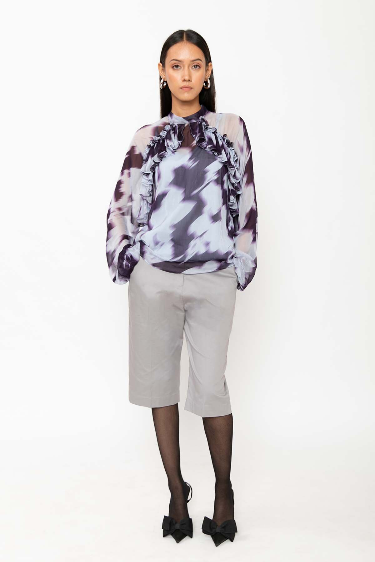 Blue Abstract Print Chiffon Ruffle High Neck Blouse