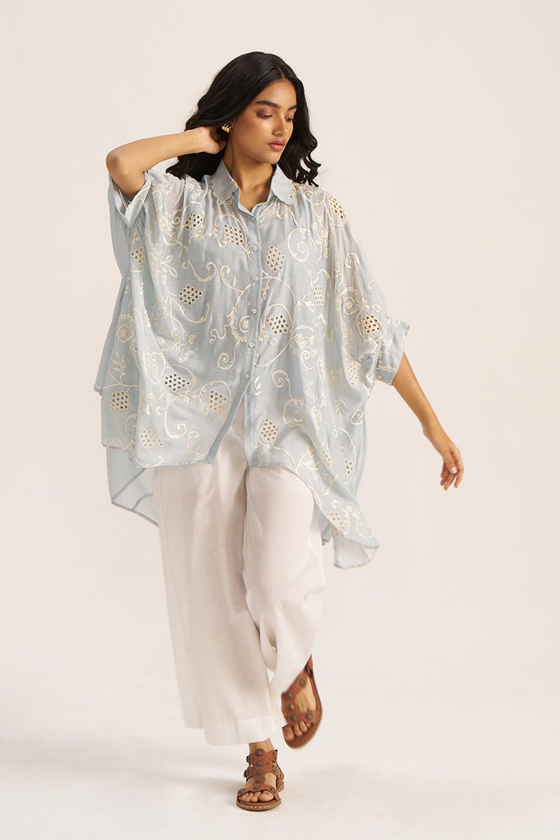 Powder Blue Chikankari Cutwork High-Low Shirt