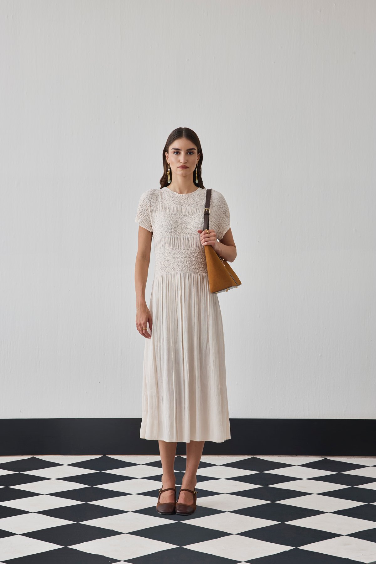 Ivory Smocked Bodice Pleated Midi Dress