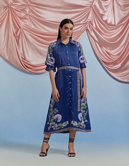 A.F Blue Belted Shirt Midi Dress with Floral Motifs