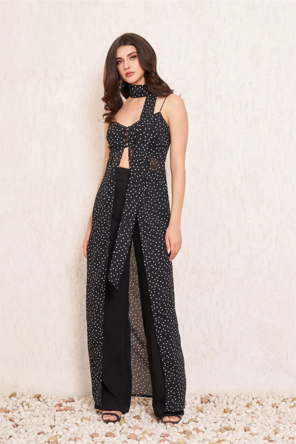 Black Polka Dot Chiffon Maxi Overlay Top