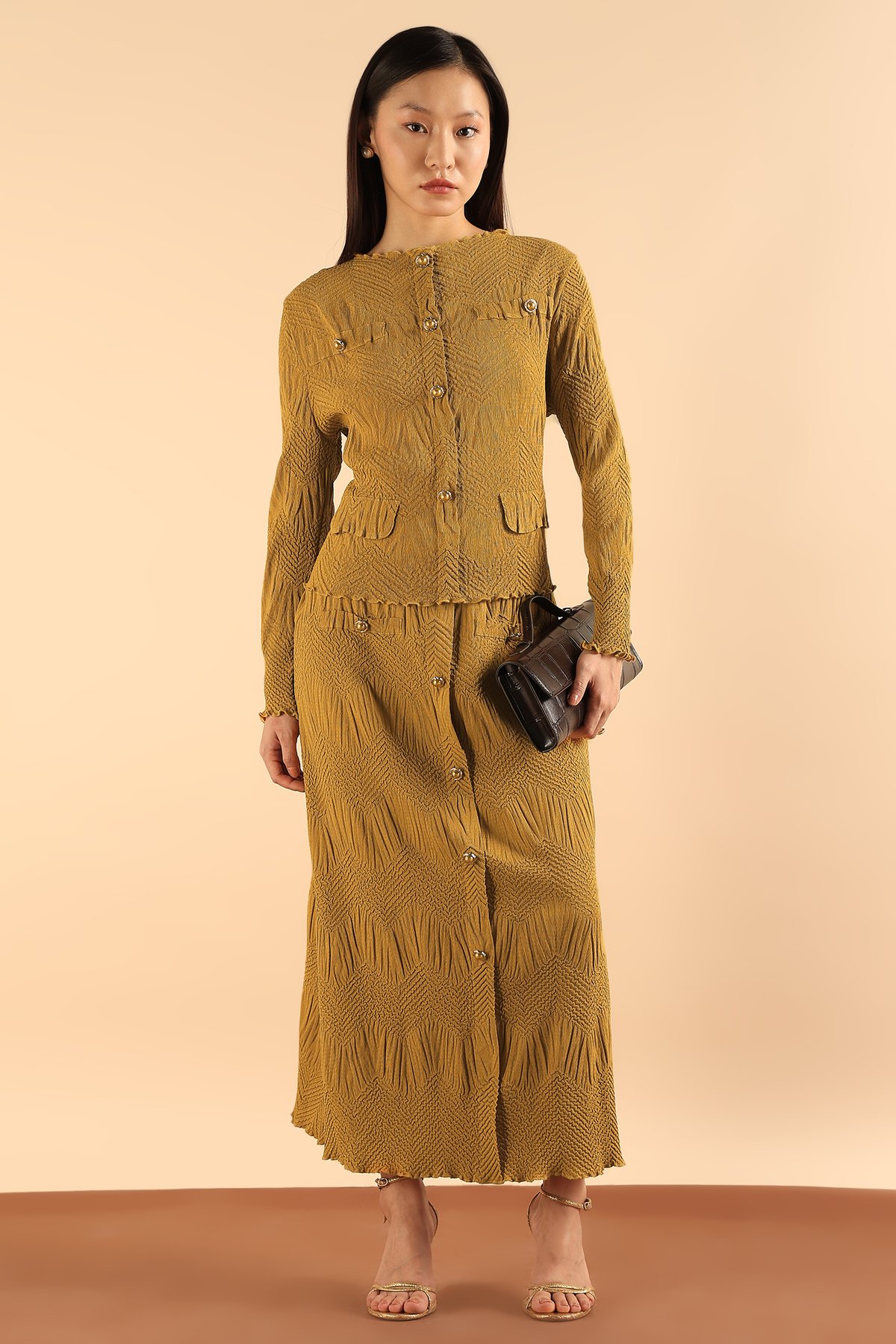Mustard Textured Top and Maxi Skirt Co-ord Set