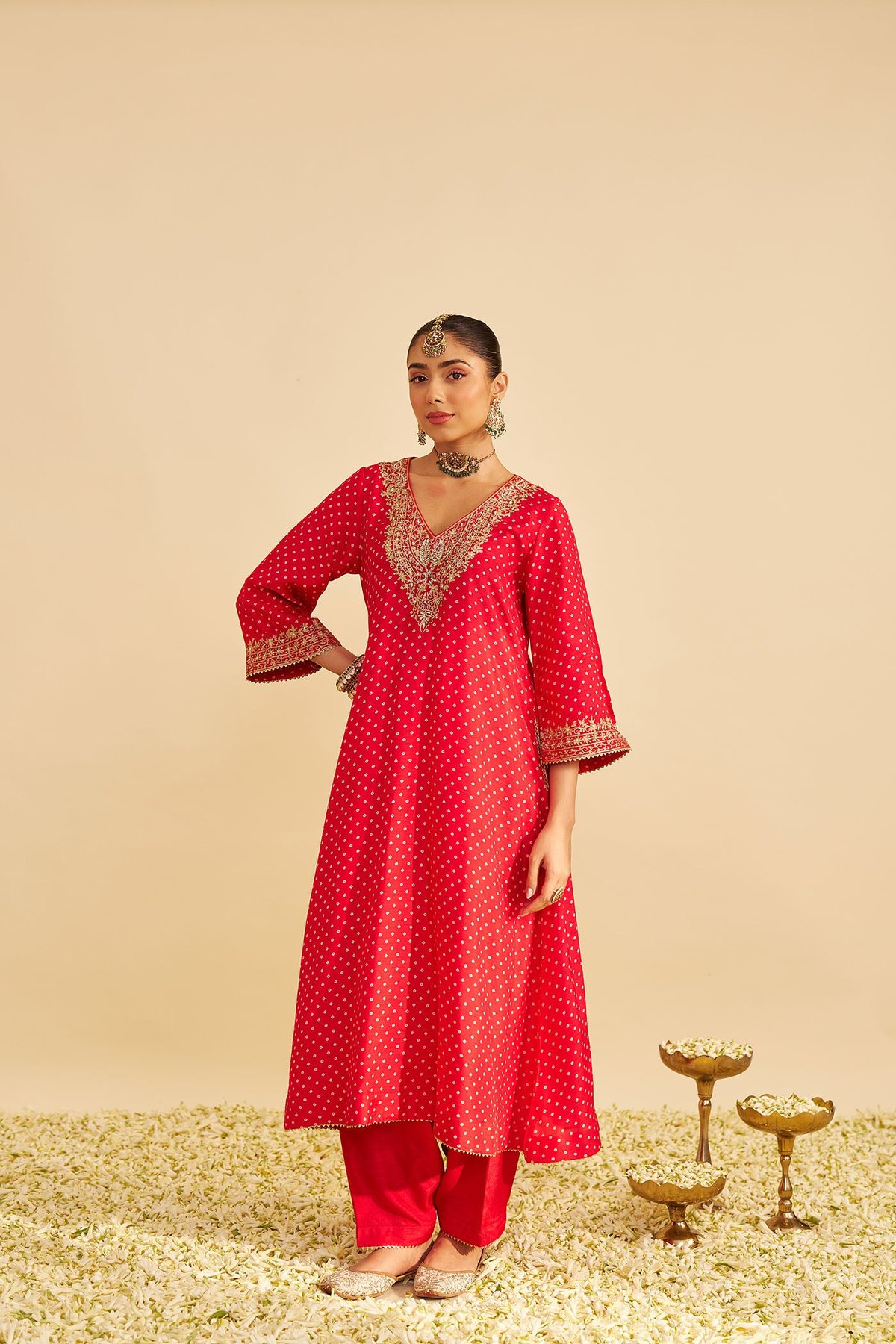 Red Bandhani A-Line Kurta Set with V-Neck Embroidery