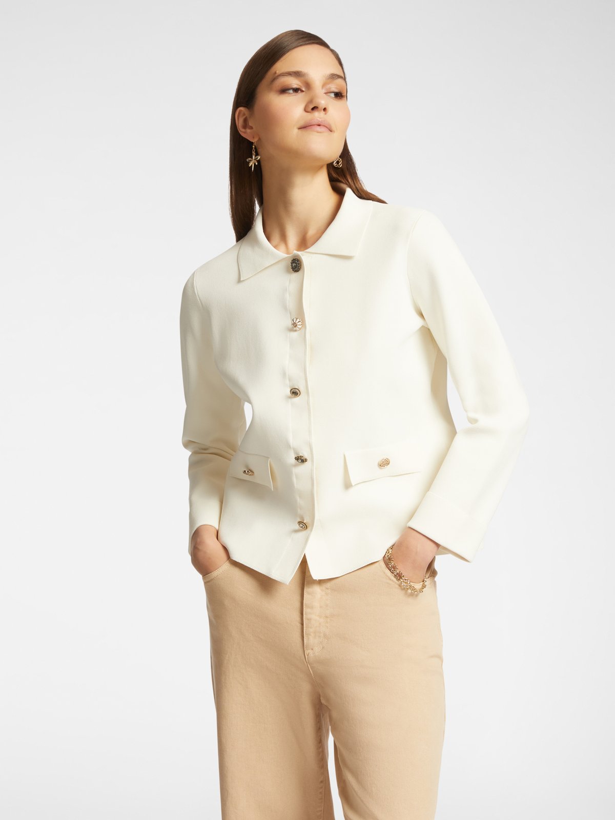 White Tailored Button-Front Jacket with Flap Pockets