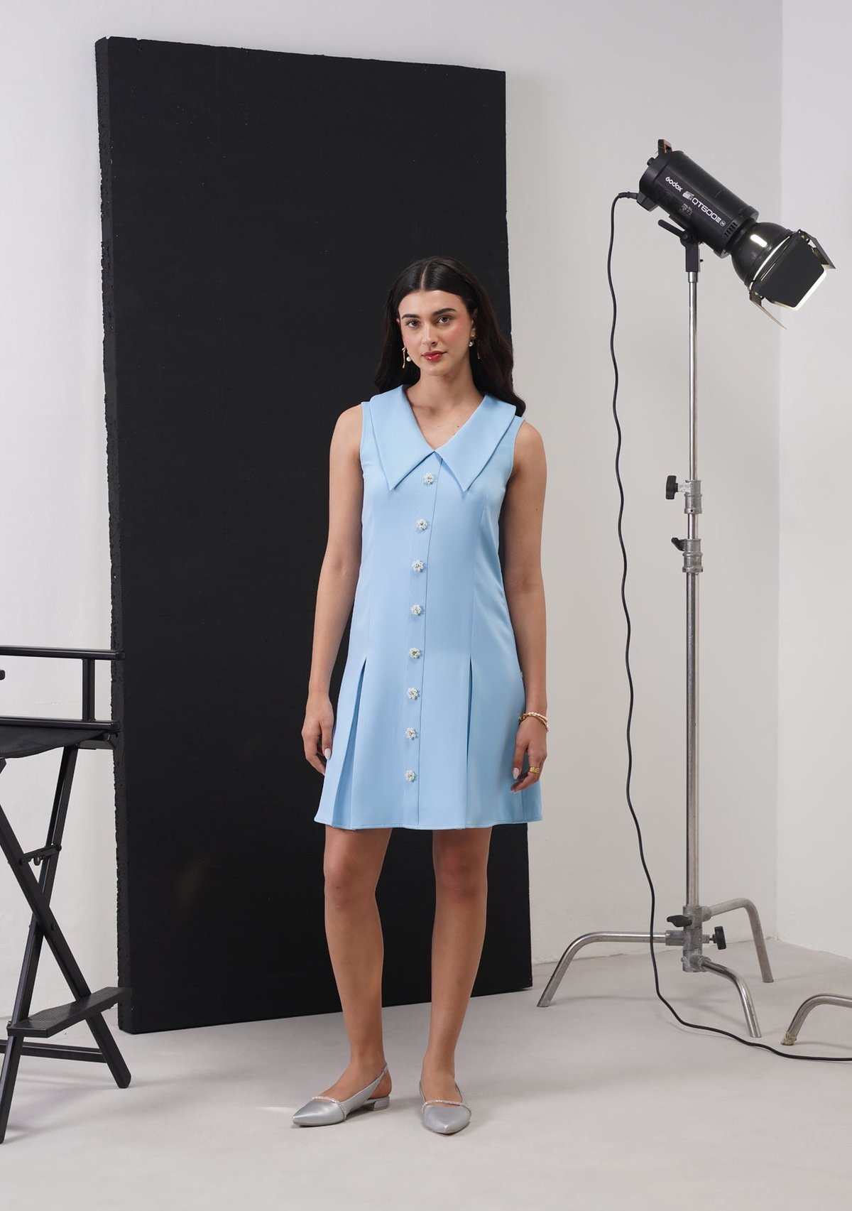 Powder Blue Pearl Button A-Line Mini Dress