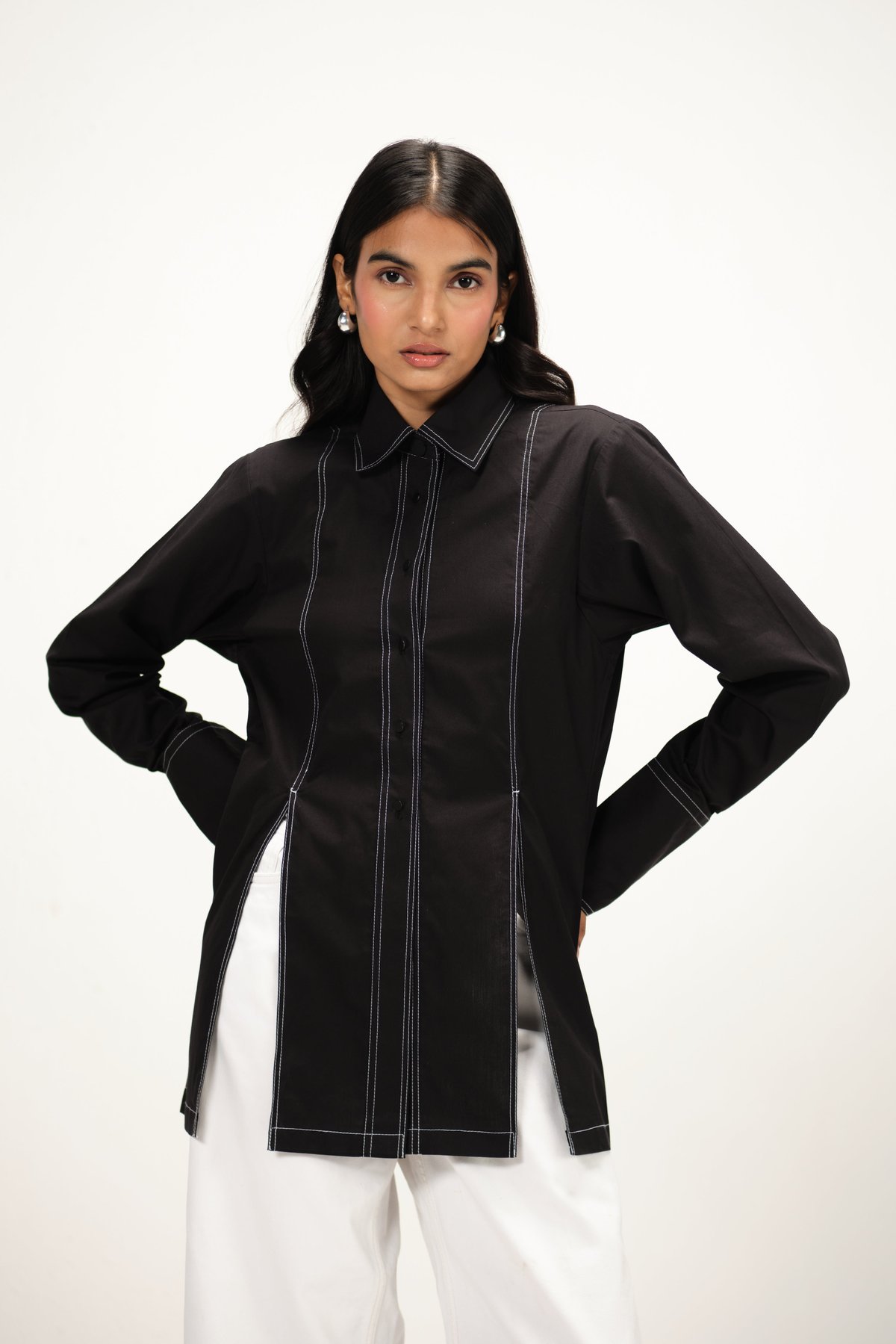 Black Poplin Longline Shirt with Contrast Topstitch