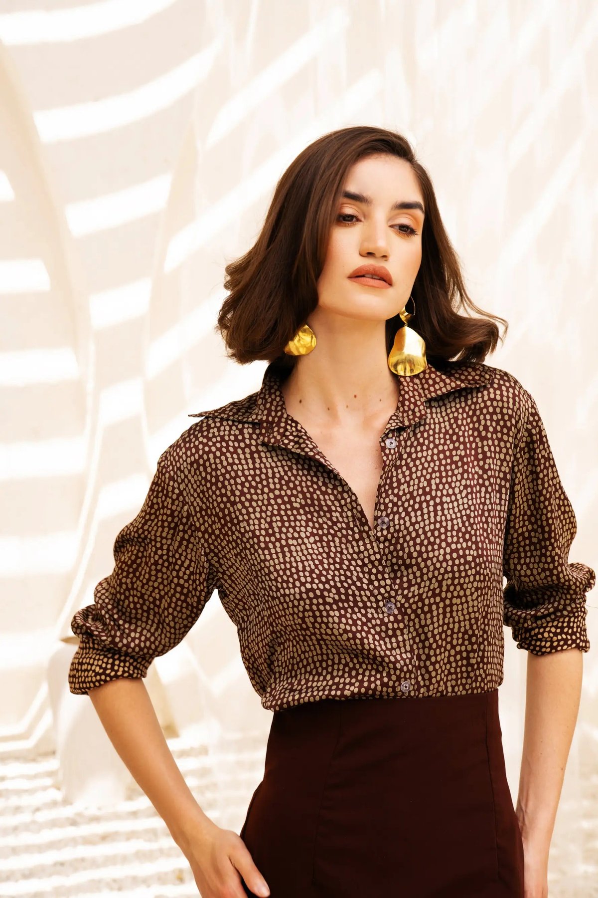 Brown Satin Georgette Abstract Dot Oversized Shirt