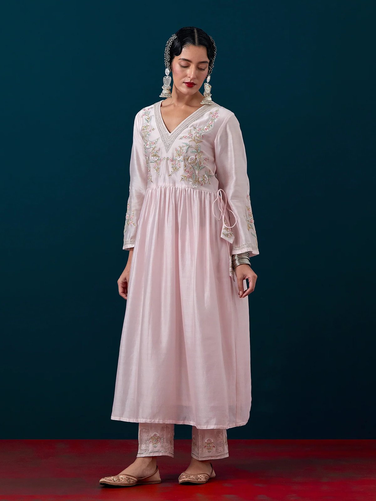 Pink Silk Chanderi Embroidered Yoke Gathered Kurta