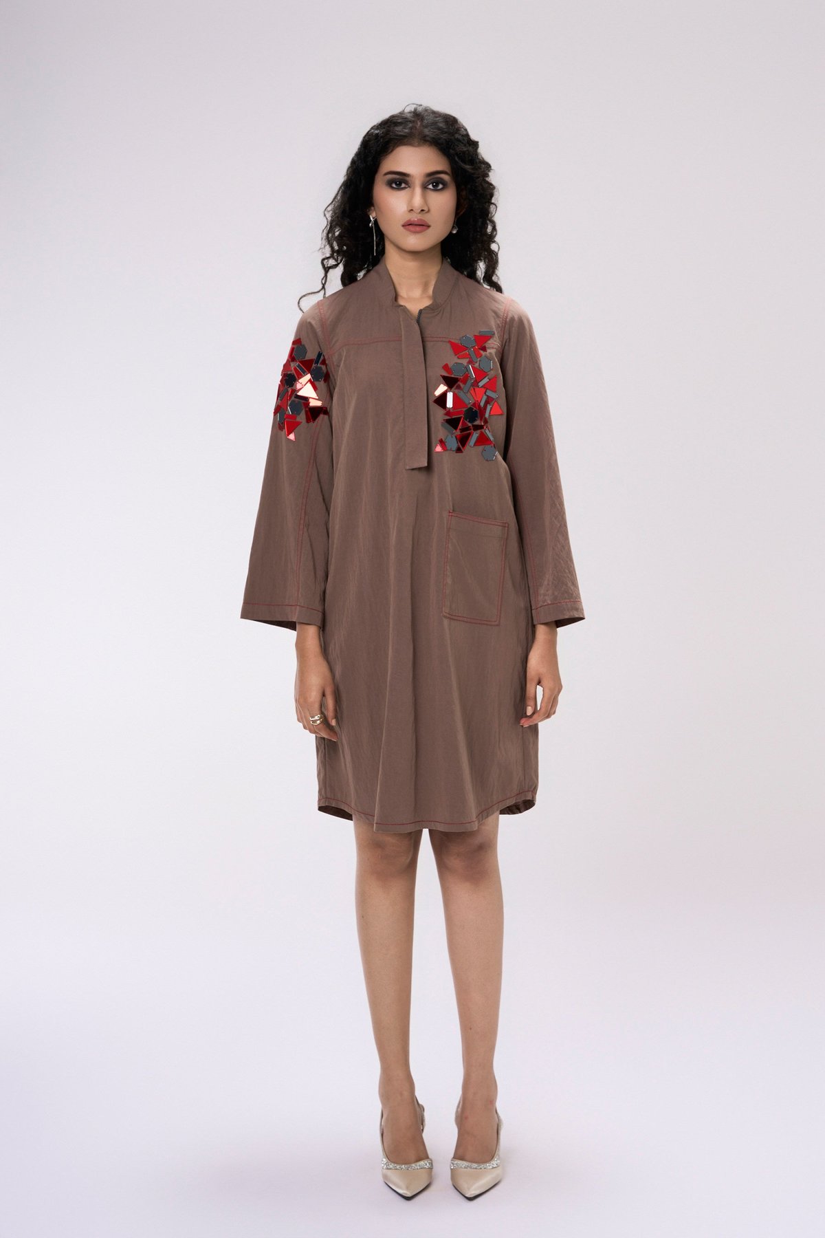 Brown Mirror Work Zip-Front Shirt Dress