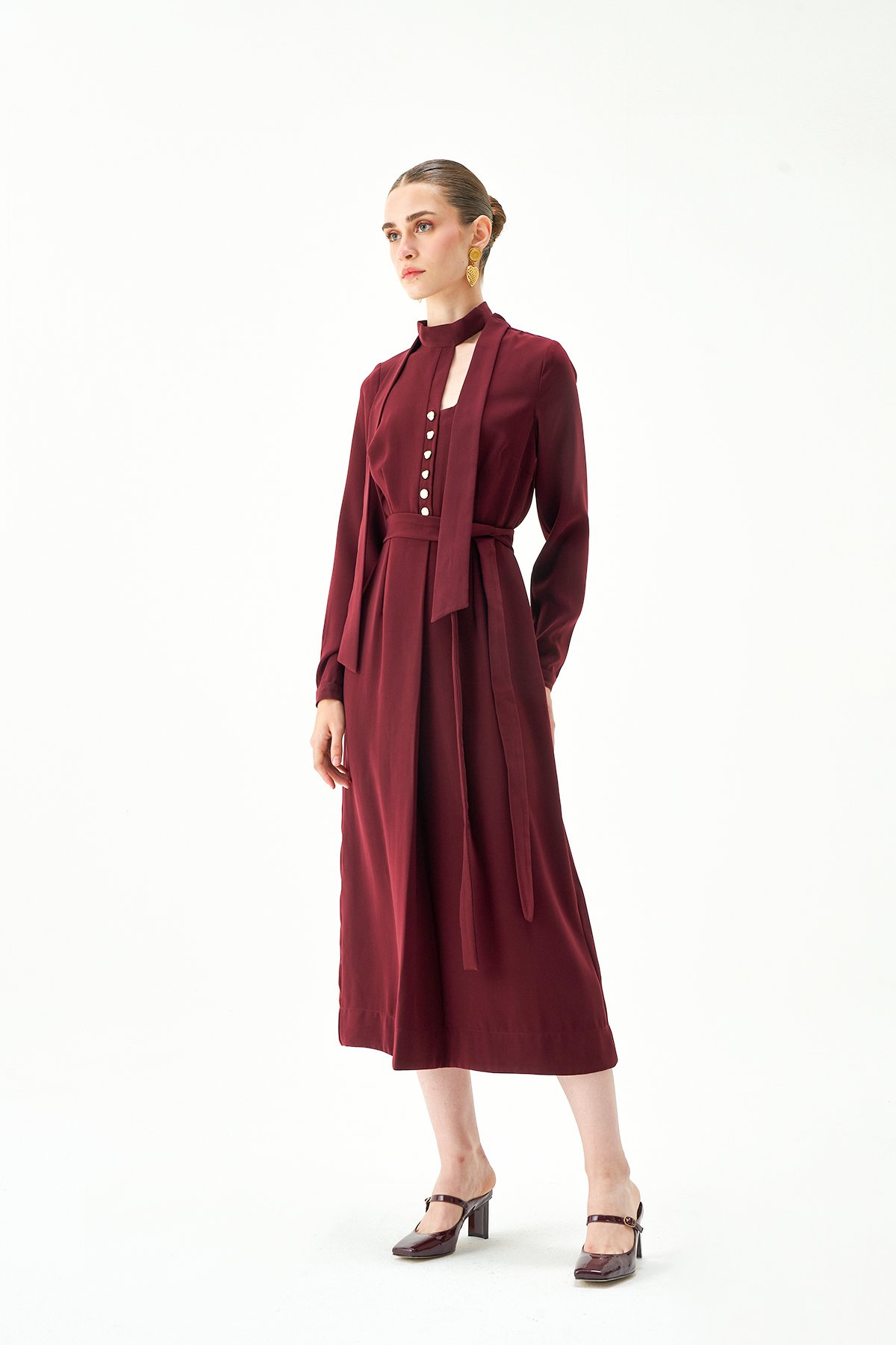 Wine High-Neck Button-Front Midi Dress