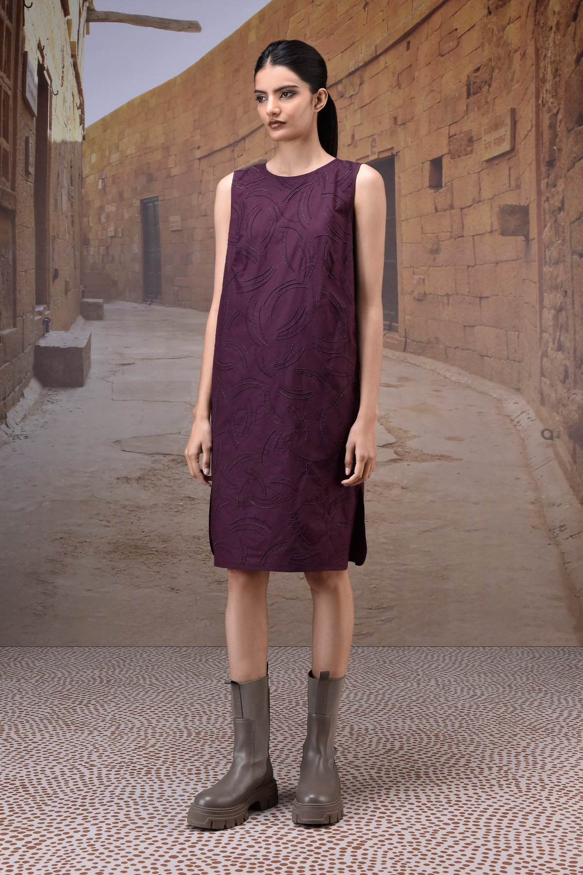 Cherry Lacquer Tonal Embroidered Shift Dress