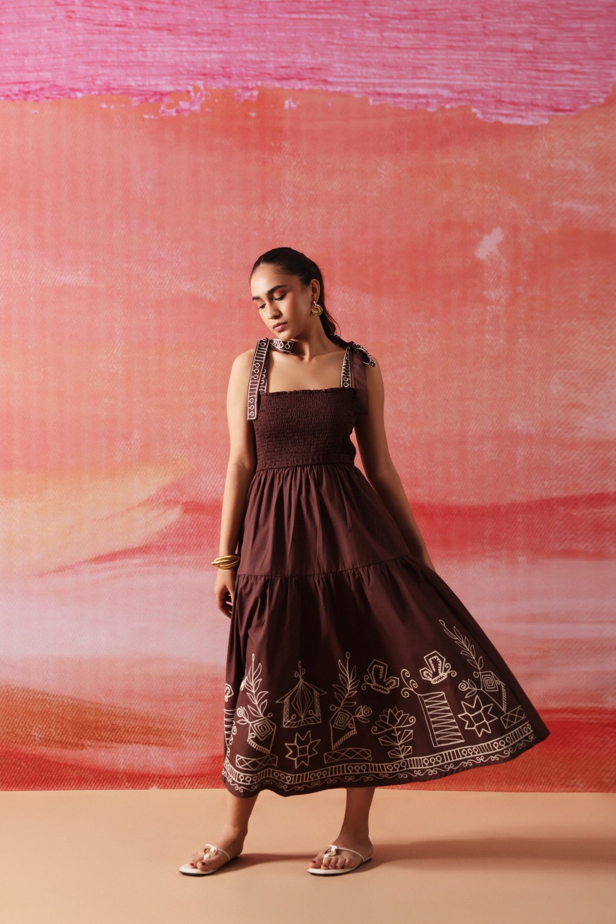 Brown Smocked Tiered Midi Dress with Embroidered Hem