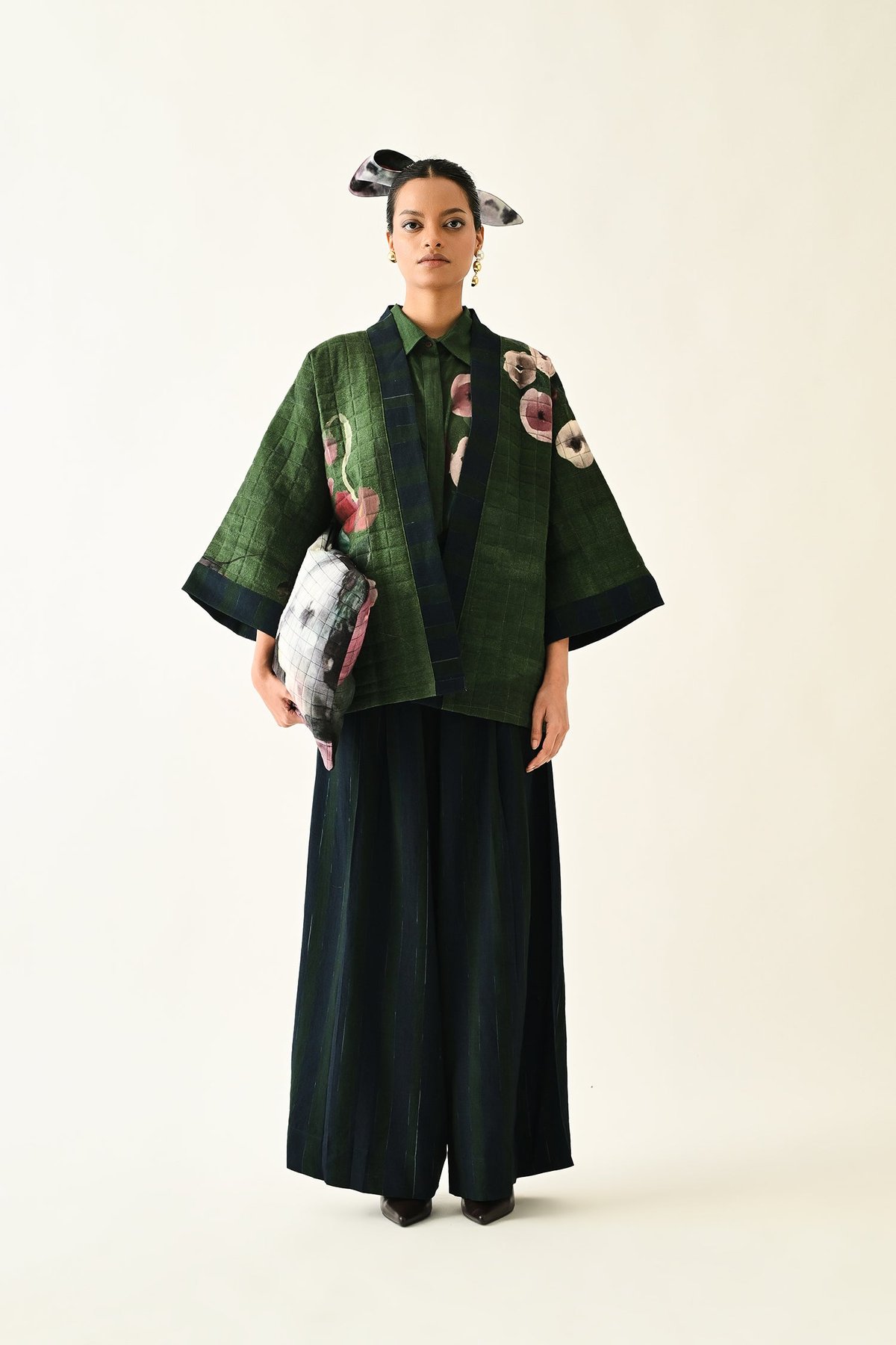 Green Quilted Hand-Painted Floral Open-Front Jacket