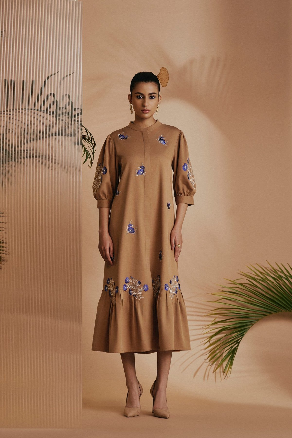 Brown Cotton Satin Embroidered Mandarin Collar Midi Dress
