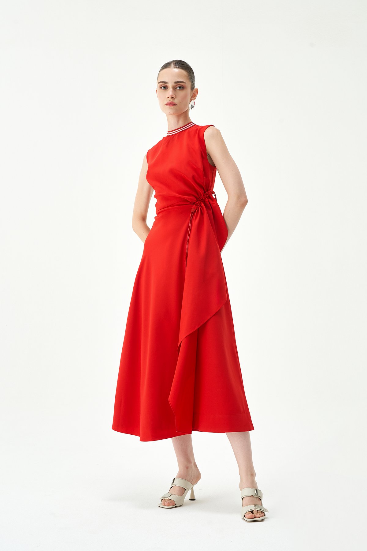 Red Sleeveless Asymmetrical Midi Dress with Adjustable Waist